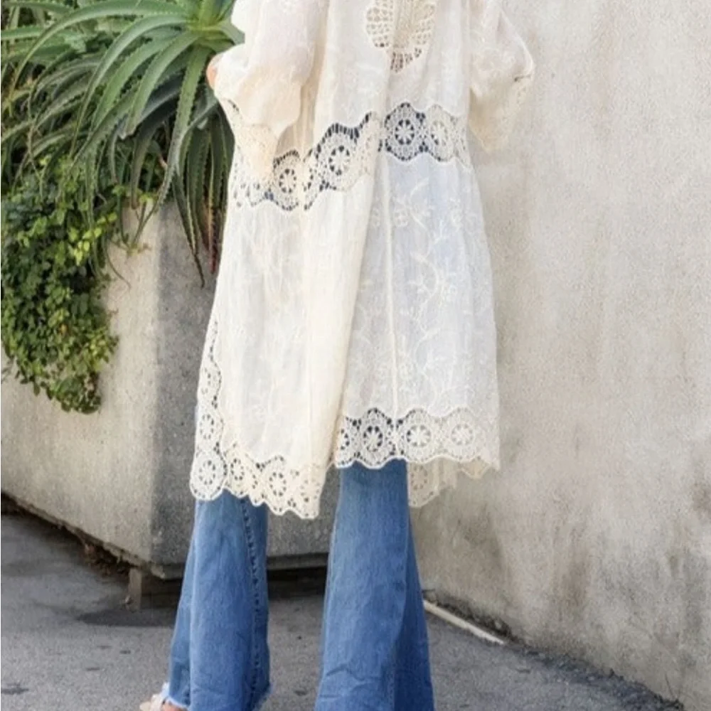 Crochet Open Weave Detail Longline Kimono, One Size Fits Most - Picture 10 of 11